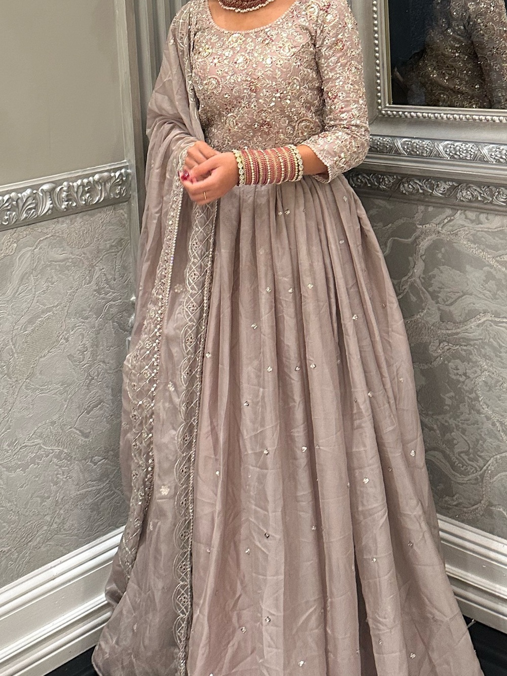 Embroidered Taupe Lehengas Maxi with Dupatta